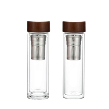 Пользовательский логотип 450 мл бамбуковая крышка двойная стенка стеклянная бутылка для воды с заваркой чайная чашка стеклянные кофейные кружки